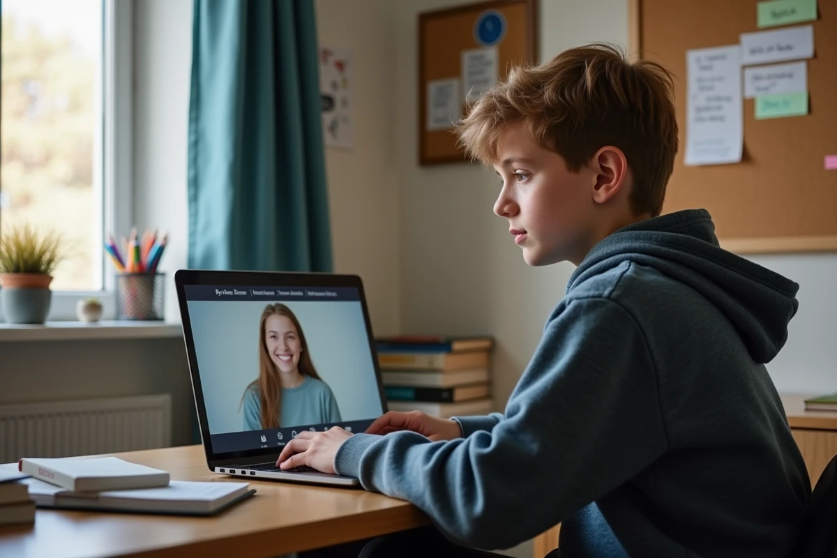 Adolescent en visioconference avec un tuteur en ligne dans sa chambre