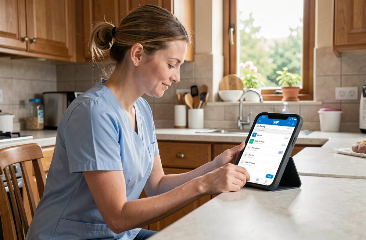 Aide à domicile consultant une application SAP sur smartphone pendant une intervention au domicile d'un senior