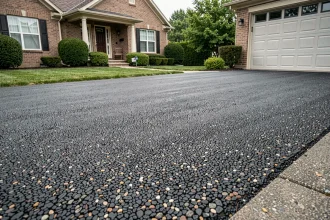 Allée de maison en enrobé drainant poreuse permettant l'infiltration des eaux pluviales