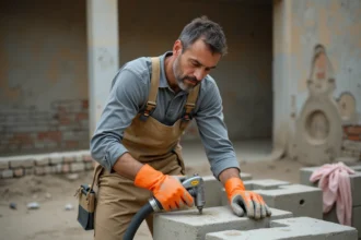 Ouvrier appliquant du ciment chimique sur un bloc de béton avec des gants de protection sur un chantier de rénovation