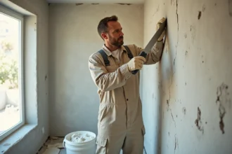 Artisan appliquant de l'enduit map sur un mur abîmé avec une taloche en inox dans une pièce en rénovation