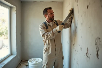 Artisan appliquant de l'enduit map sur un mur abîmé avec une taloche en inox dans une pièce en rénovation