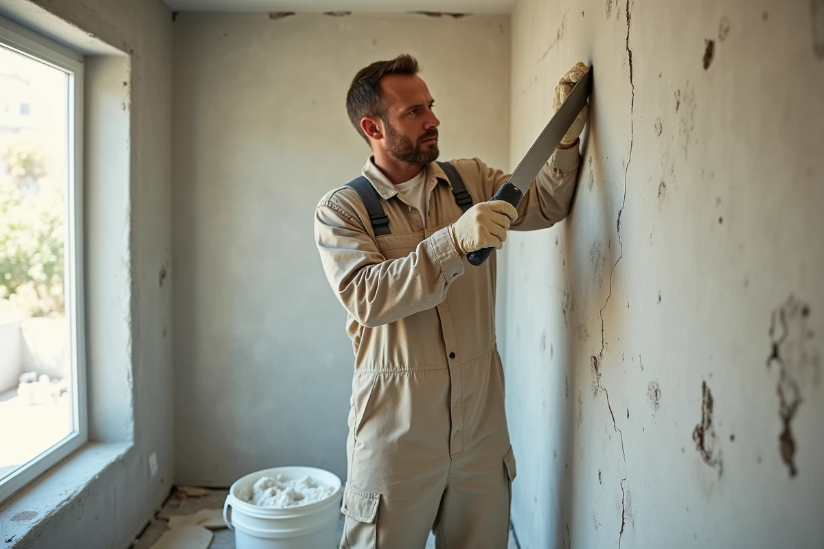 Artisan appliquant de l'enduit map sur un mur abîmé avec une taloche en inox dans une pièce en rénovation