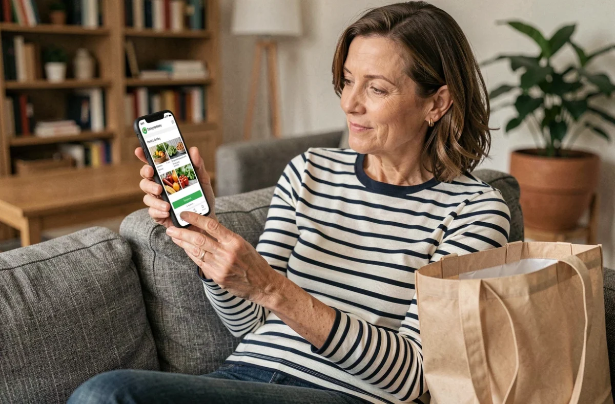 Femme consultant une application de livraison de courses sur smartphone dans son salon