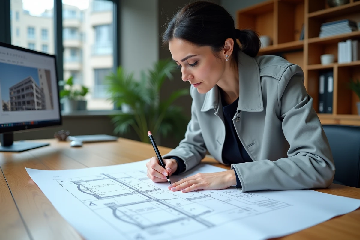 Architecte féminine annotant des plans de structure avec des sections de poutres IPN dans un bureau professionnel