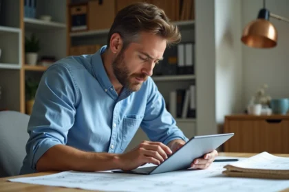 Architecte homme utilisant une application d'isolation en bois