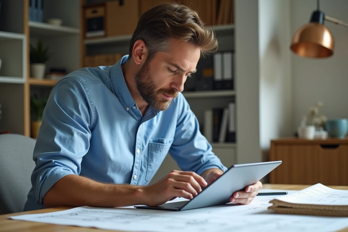 Architecte homme utilisant une application d'isolation en bois