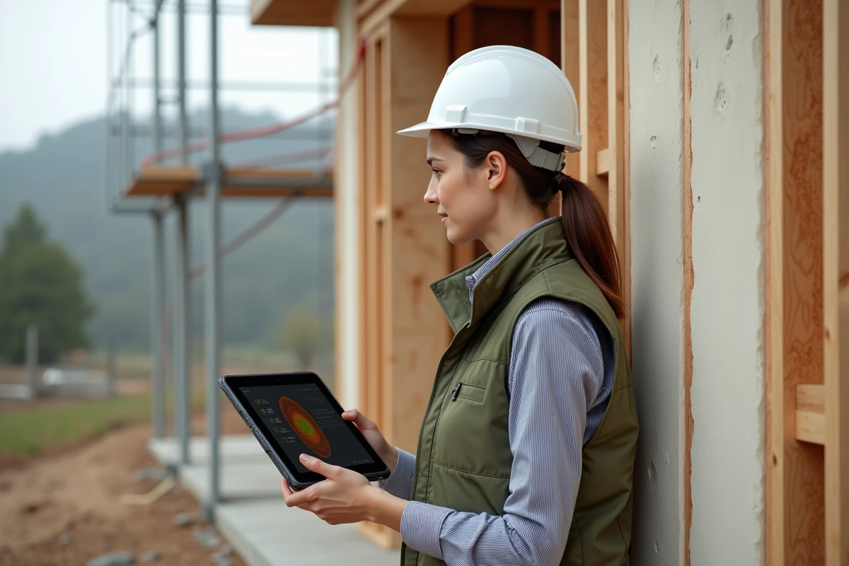 Architecte féminine sur chantier de maison neuve consultant un logiciel de conformité RT 2026 devant un mur isolé en fibre de bois Homatherm