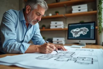 Architecte examinant des plans 3D détaillés pour un permis de construire sur un bureau en bois dans un studio moderne