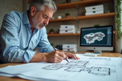Architecte examinant des plans 3D détaillés pour un permis de construire sur un bureau en bois dans un studio moderne