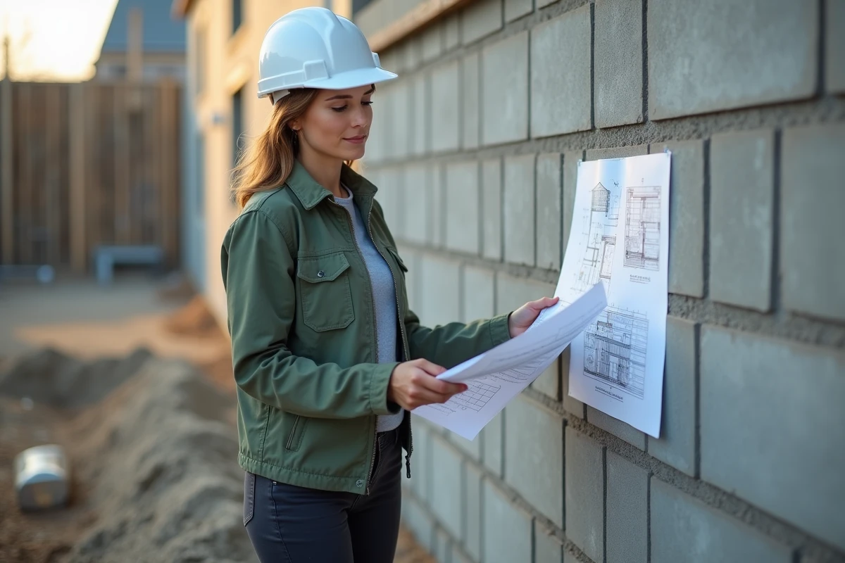 Architecte analysant des plans devant un mur de soubassement en parpaings en cours de construction