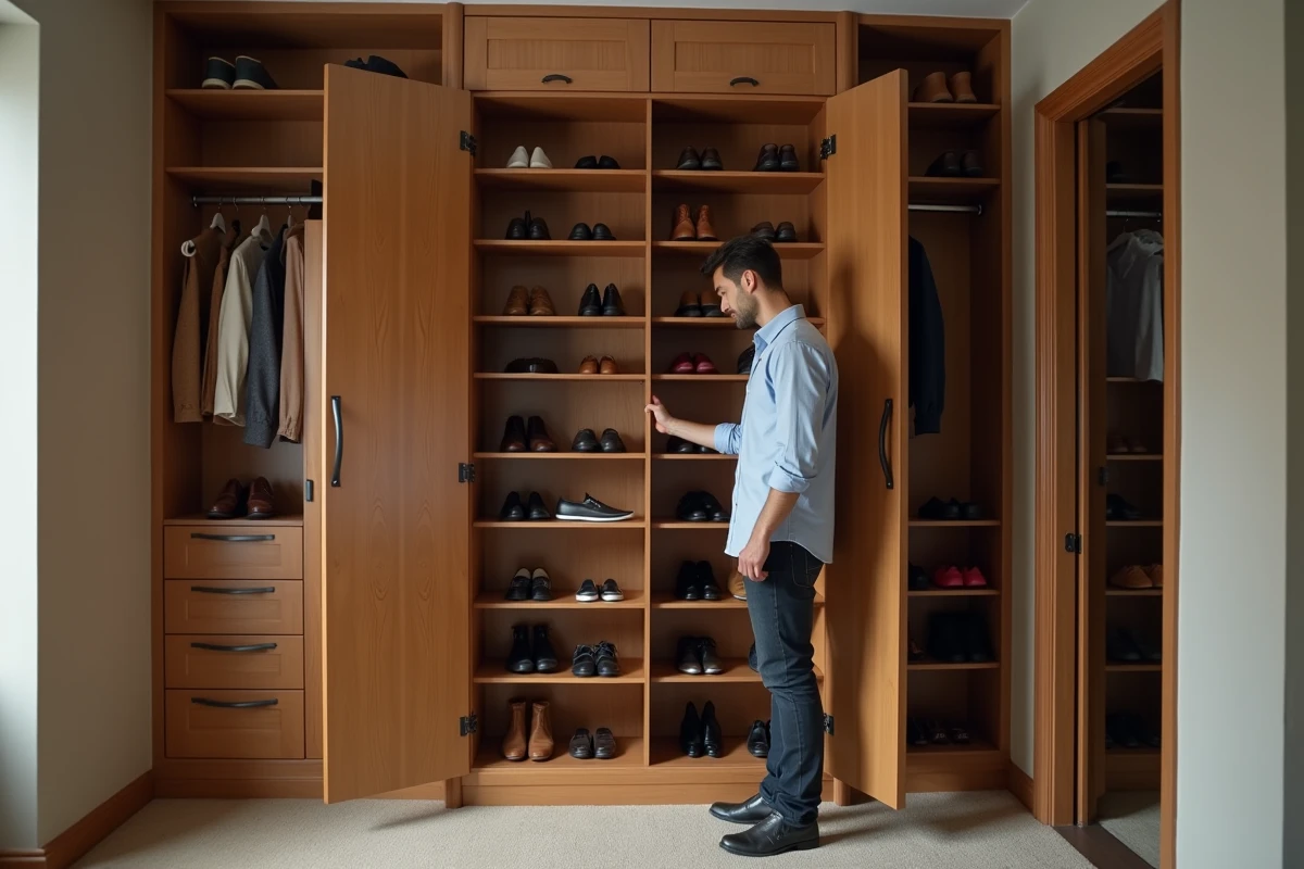 Armoire à chaussures classique en bois ouverte dans un dressing avec rangement organisé sur plusieurs étagères