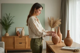 Femme arrangeant des vases en terre cuite dans un salon minimaliste