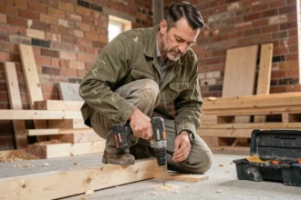 Artisan utilisant une perceuse sans fil Erbauer sur un chantier de rénovation intérieure