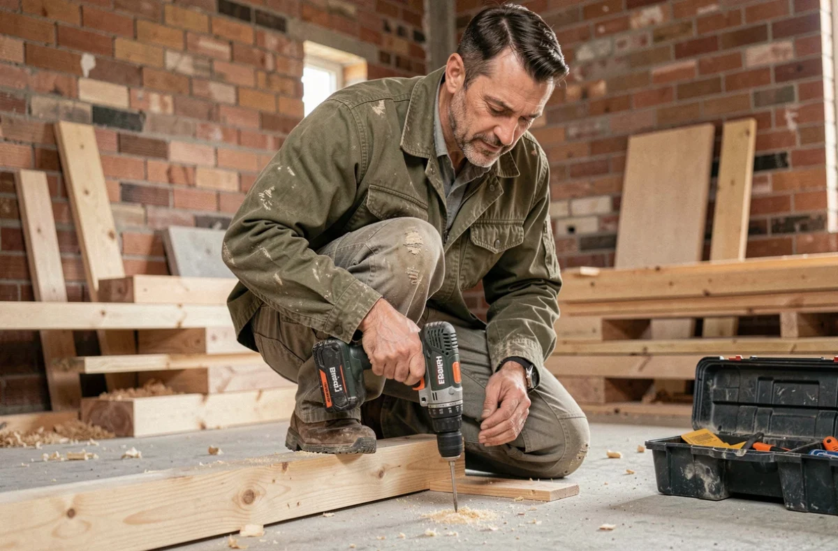 Artisan utilisant une perceuse sans fil Erbauer sur un chantier de rénovation intérieure