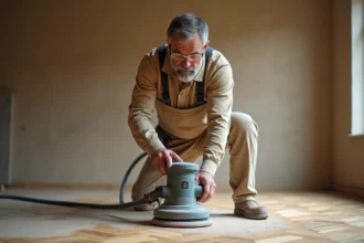 Artisan professionnel utilisant une ponceuse à parquet sur un plancher en bois usé lors d'un chantier de sablage