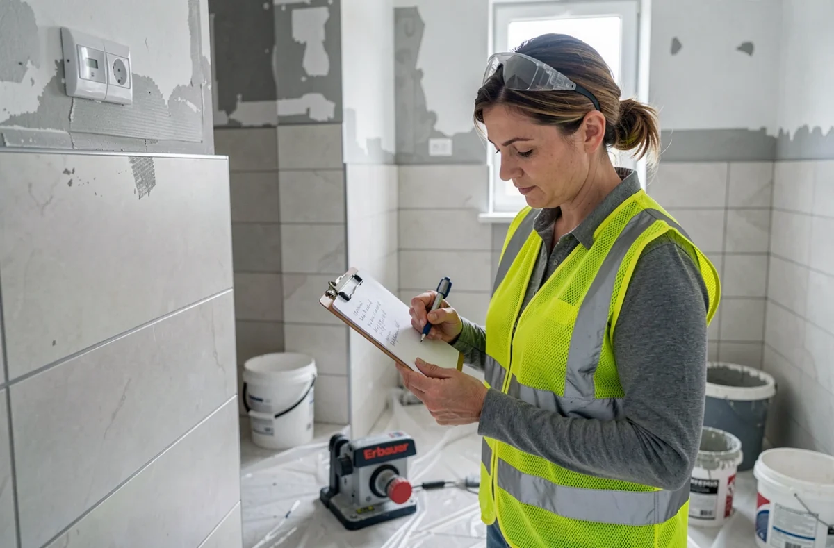 Artisane inspectant ses notes sur un chantier salle de bain avec une coupe-carreaux Erbauer