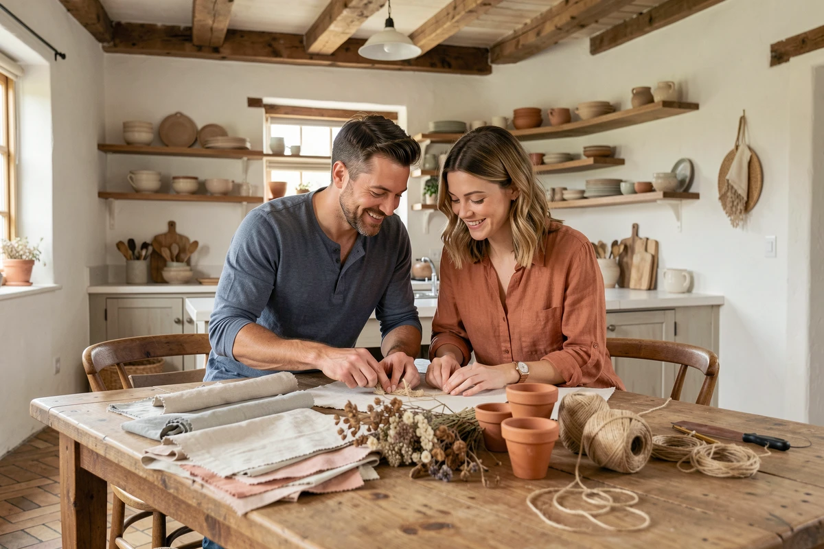 Couple réalisant un atelier déco hygge maison avec matériaux naturels, poteries et textiles en lin sur grande table en bois