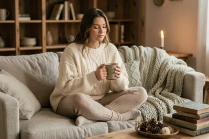 Femme cocoonnée dans un plaid en laine tenant un mug en céramique dans un salon hygge chaleureux et scandinave