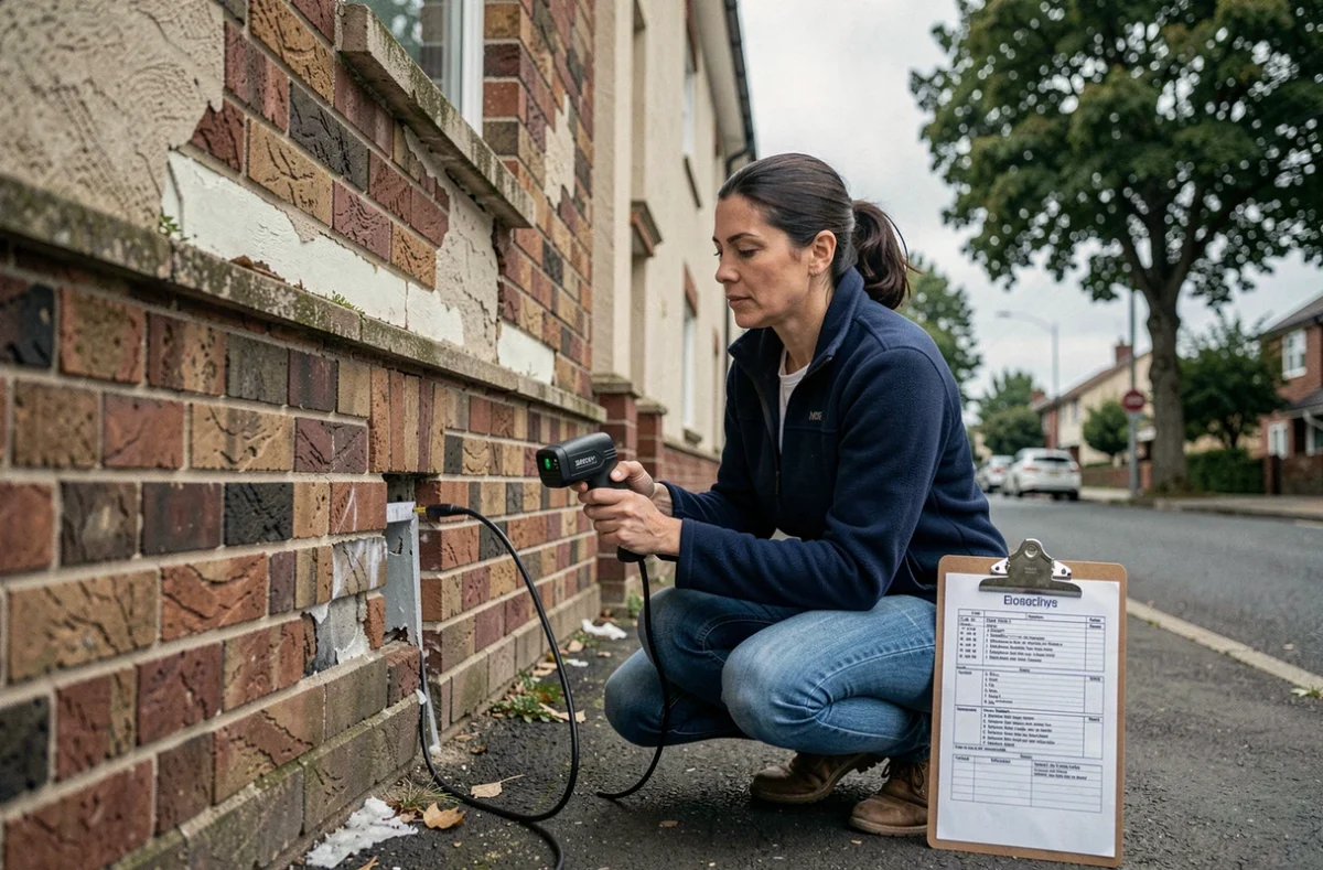 Auditrice énergétique inspectant l'isolation extérieure d'une maison pour un diagnostic DPE officiel avec outil de détection thermique