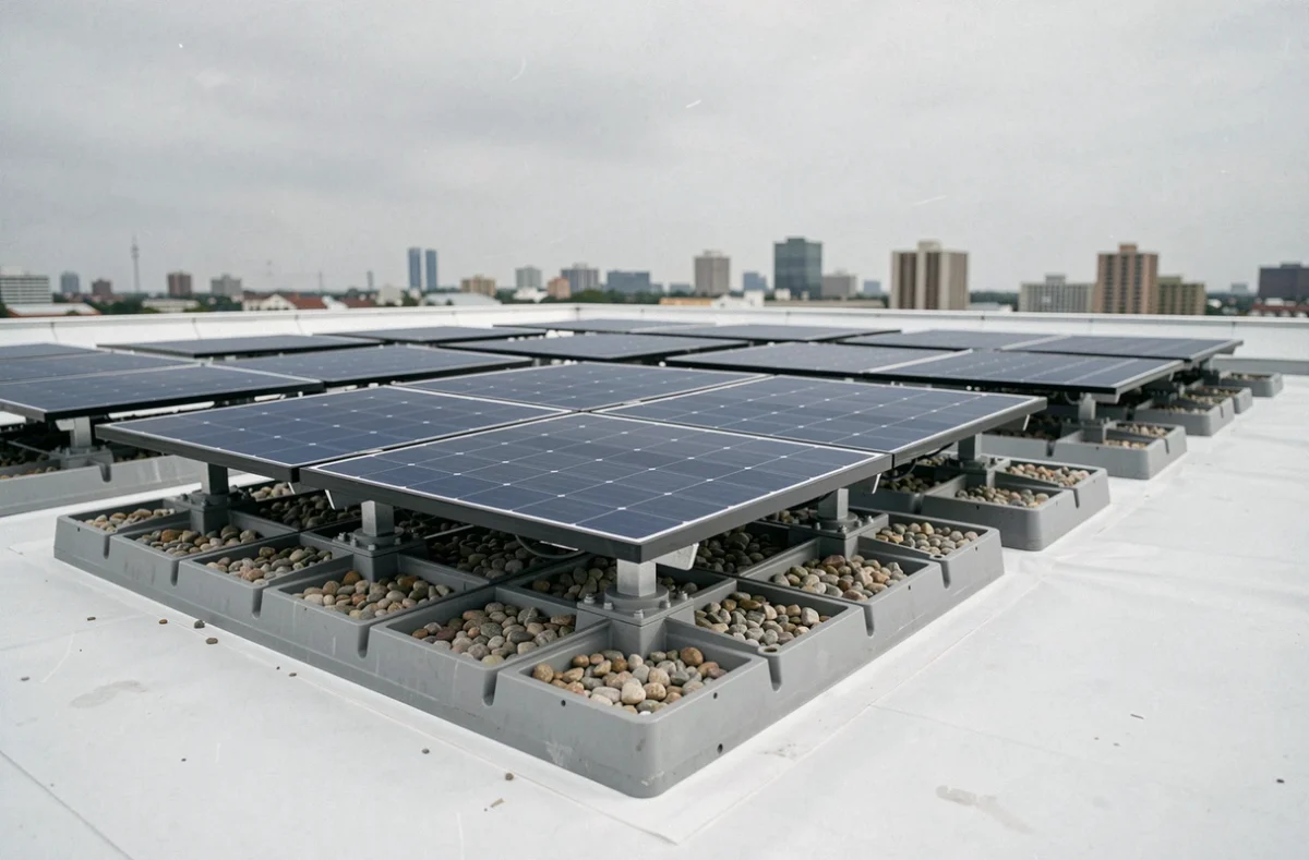 Bacs à lester en plastique gris remplis de gravier sous des panneaux solaires sur une toiture plate commerciale