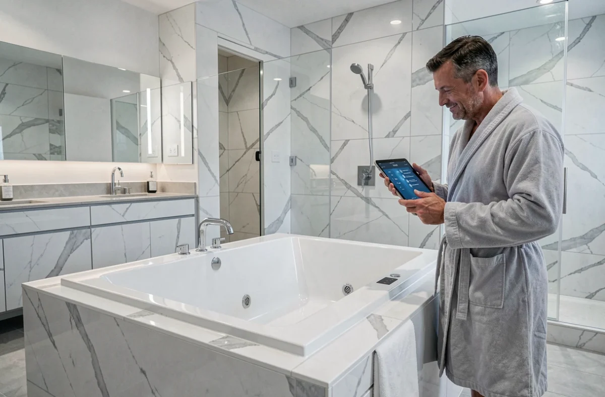 Homme sélectionnant les paramètres de massage sur une baignoire balnéo encastrée dans une salle de bain contemporaine rénovée