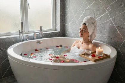Femme se relaxant dans une baignoire balnéo encastrée avec jets, décor spa à domicile en salle de bain moderne