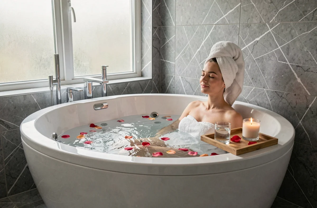 Femme se relaxant dans une baignoire balnéo encastrée avec jets, décor spa à domicile en salle de bain moderne