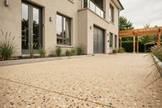 Allée en béton désactivé beige sable harmonisée avec façade en enduit gris greige et menuiseries anthracite sur maison contemporaine