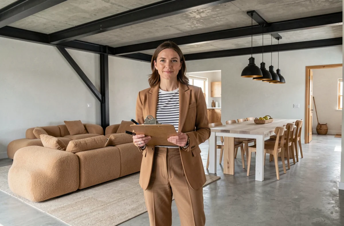 Décoratrice de BS Design dans un espace de vie rénovée avec sol en béton poli, poutres en acier noires, canapé en bouclé et table en chêne massif
