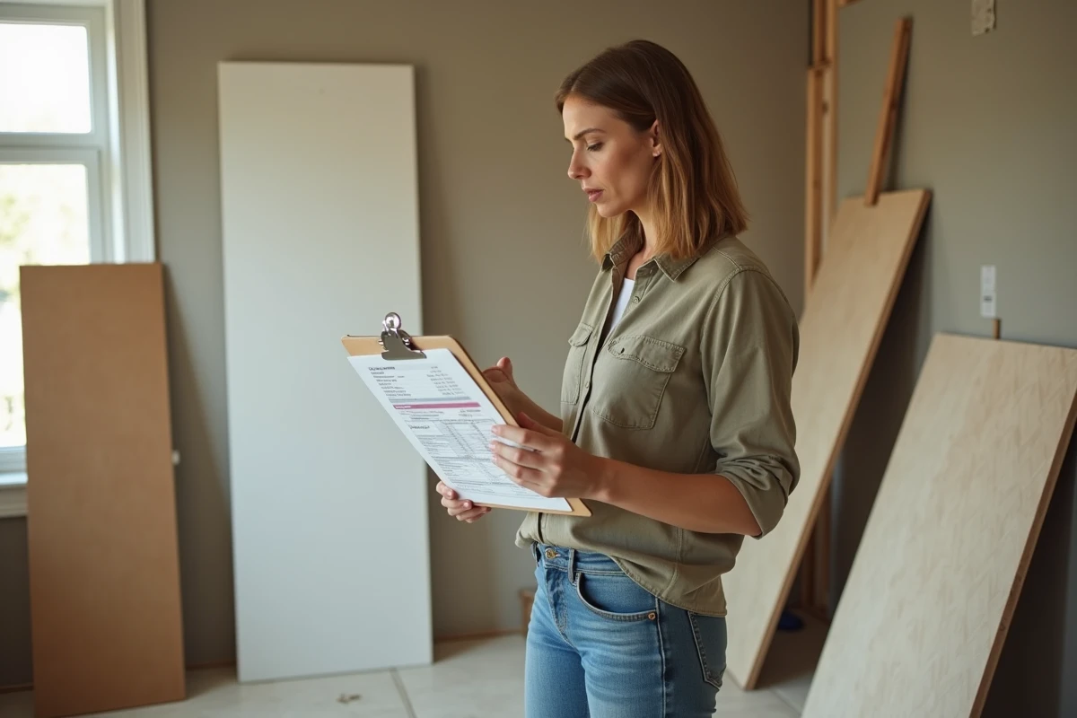 Femme consultant un devis de travaux d'isolation en placo dans une cuisine en rénovation