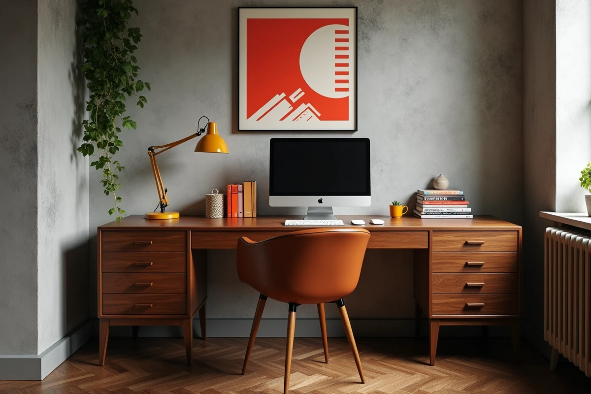 Bureau à domicile mi-siècle avec lampe moutarde, poster pop art et accessoires colorés intégrés dans une décoration existante sobre