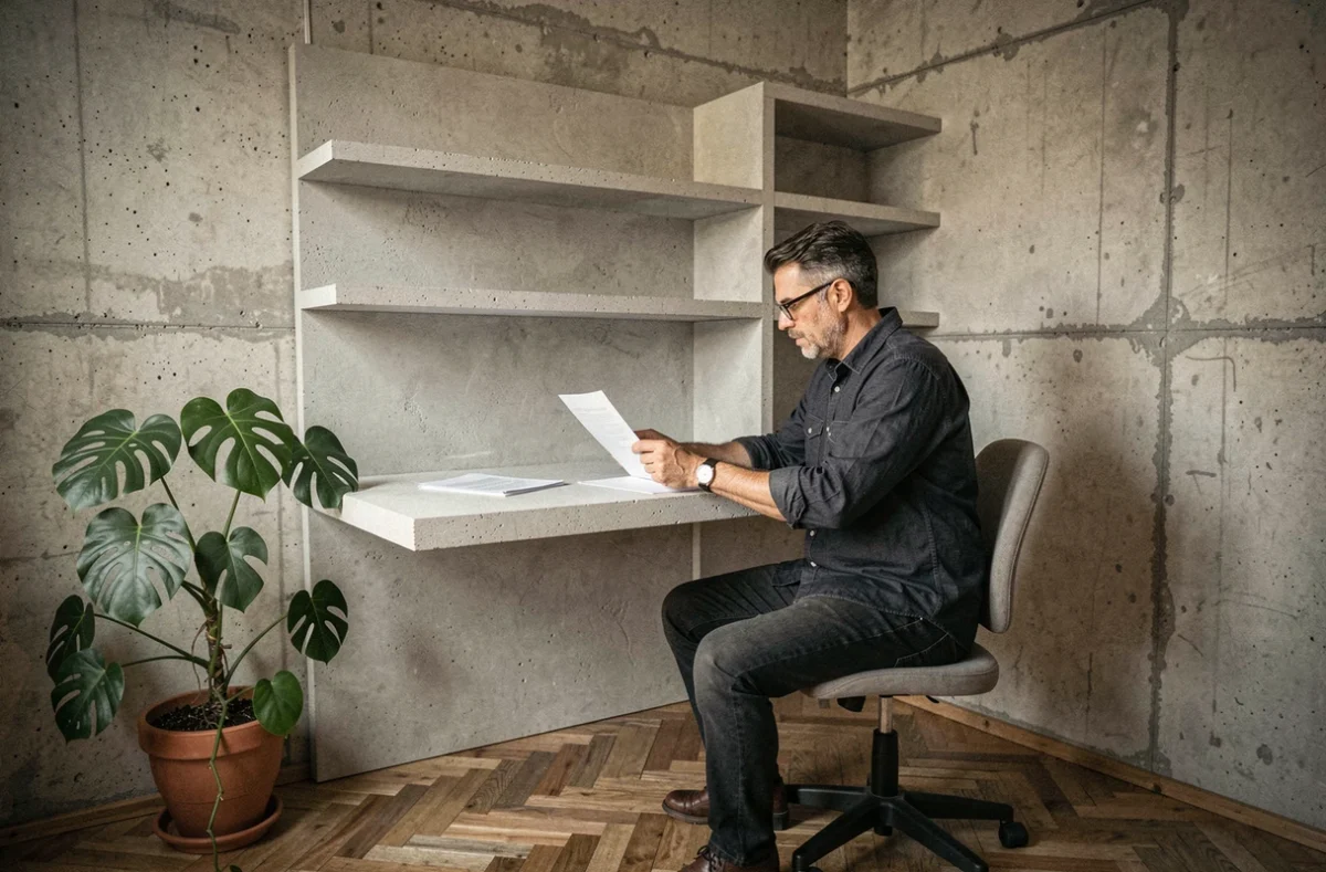 Homme travaillant dans un petit bureau à domicile aménagé avec des meubles en béton cellulaire gris