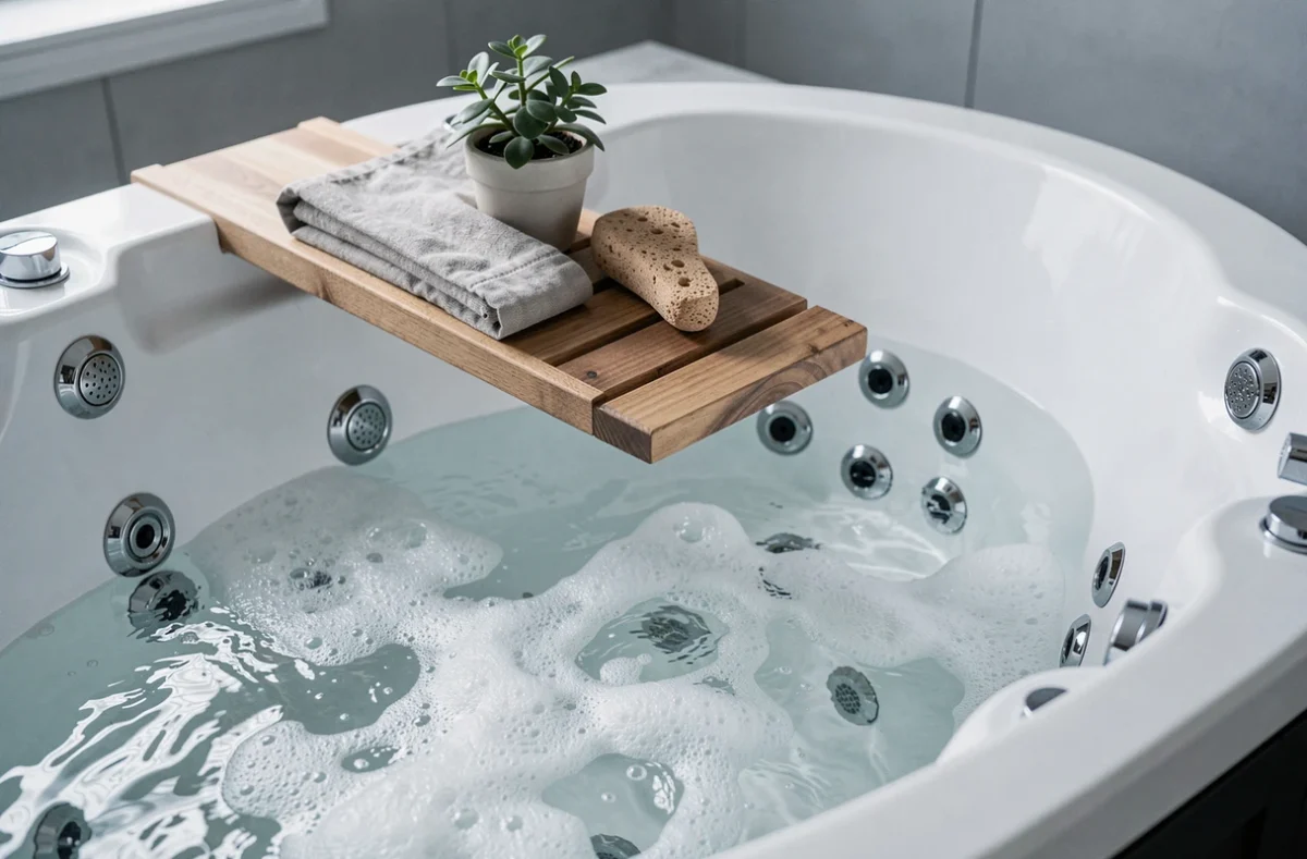 Gros plan sur les buses de jets d'une baignoire balnéo haut de gamme avec accessoires spa naturels