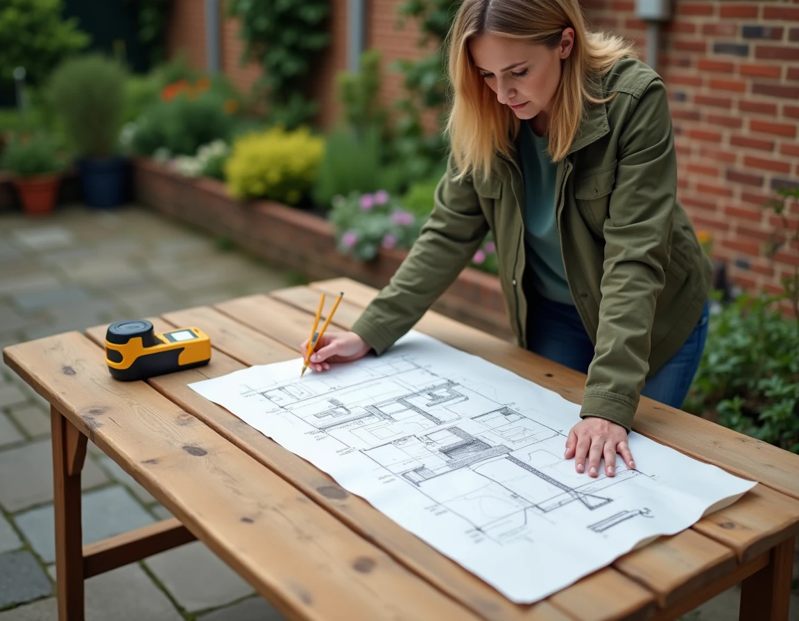 Femme calculant la superficie de son terrain avec un plan de jardin et un télémètre laser