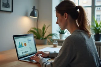 Femme utilisant un calculateur de consommation électrique en euros sur un ordinateur portable à son bureau à domicile
