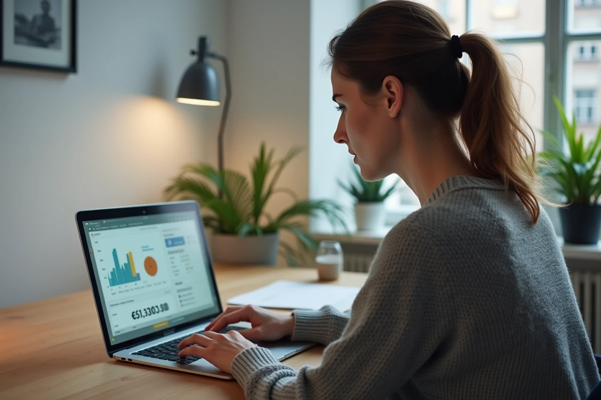 Femme utilisant un calculateur de consommation électrique en euros sur un ordinateur portable à son bureau à domicile