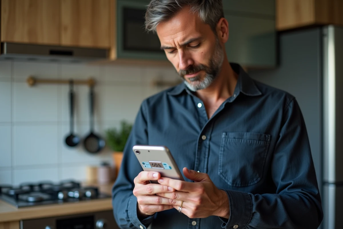 Homme dans une cuisine consultant un calculateur de facture électrique en euros sur son smartphone