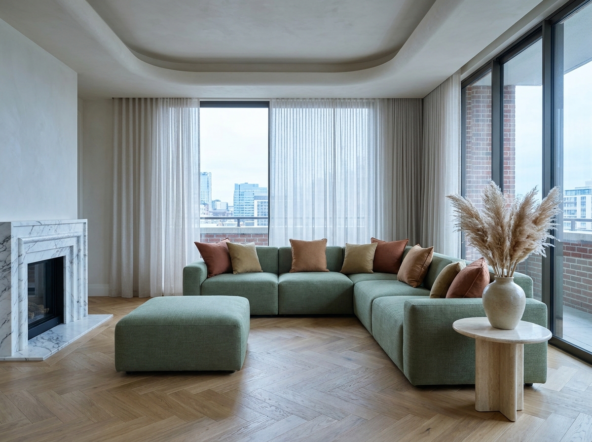 Salon élégant avec canapé d'angle modulable en tissu vert sauge face à une cheminée en marbre et une fenêtre panoramique