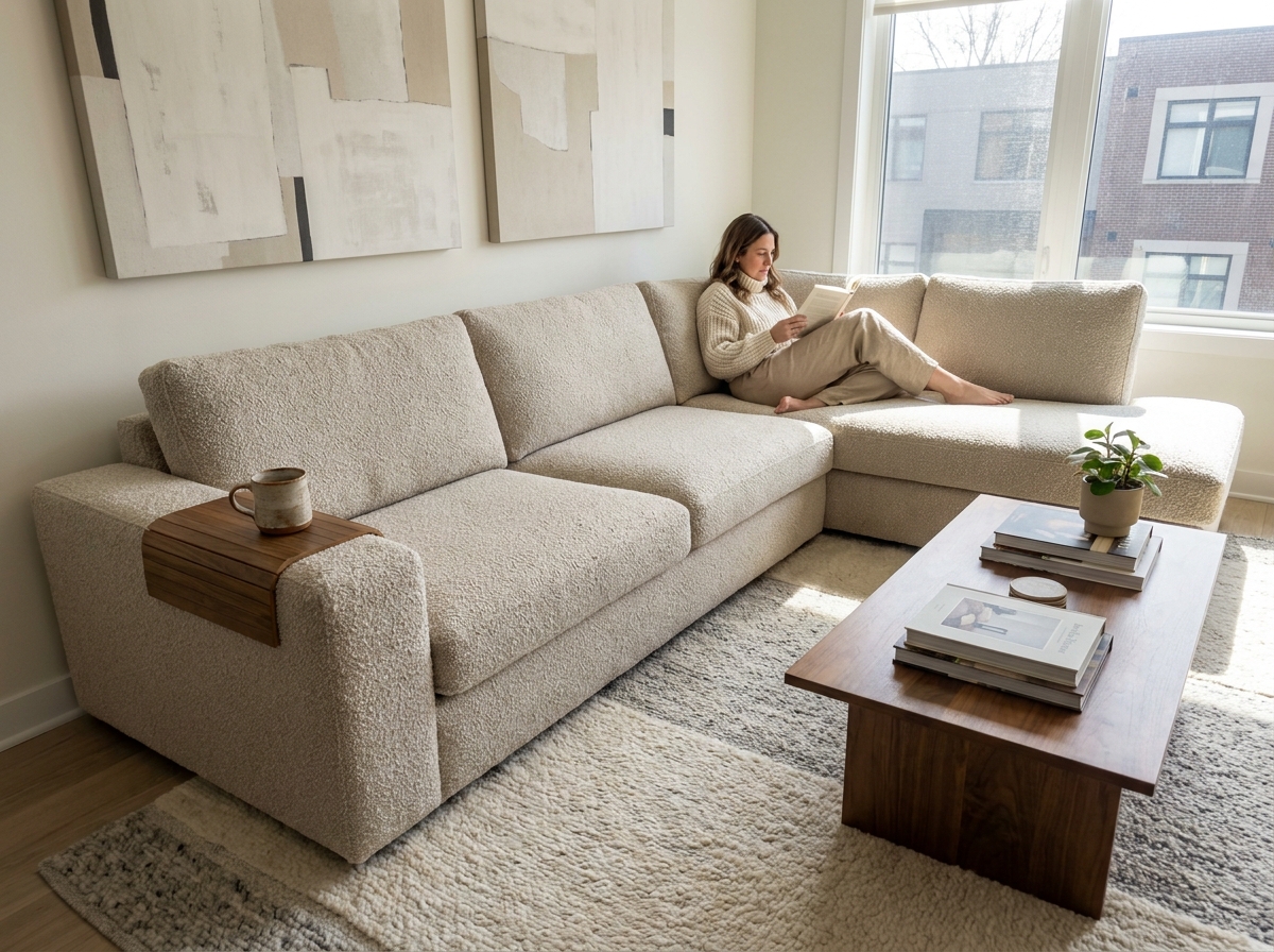 Femme lisant sur un canapé d'angle en bouclé beige dans un salon moderne avec tapis en laine et table basse en noyer
