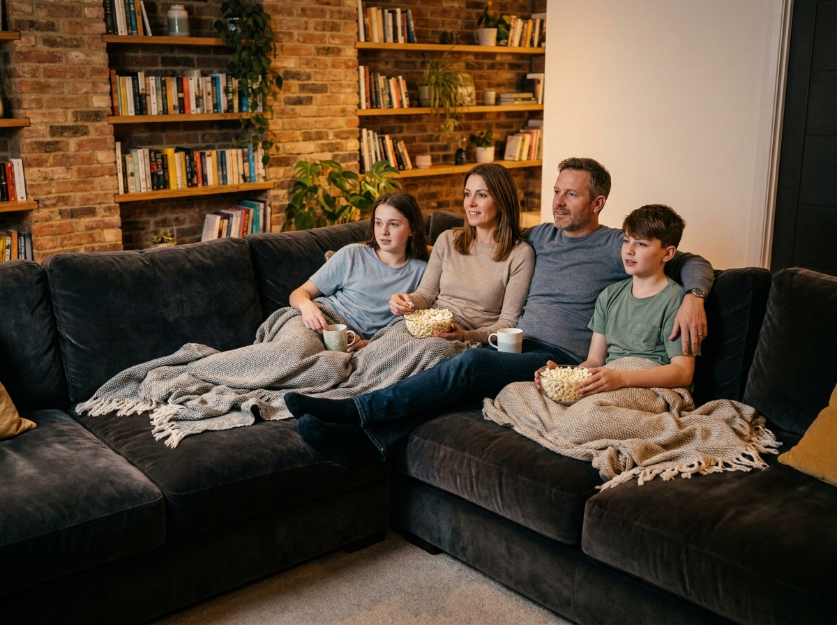 Famille réunie sur un canapé d'angle en velours anthracite dans un salon avec mur en briques et étagères en bois