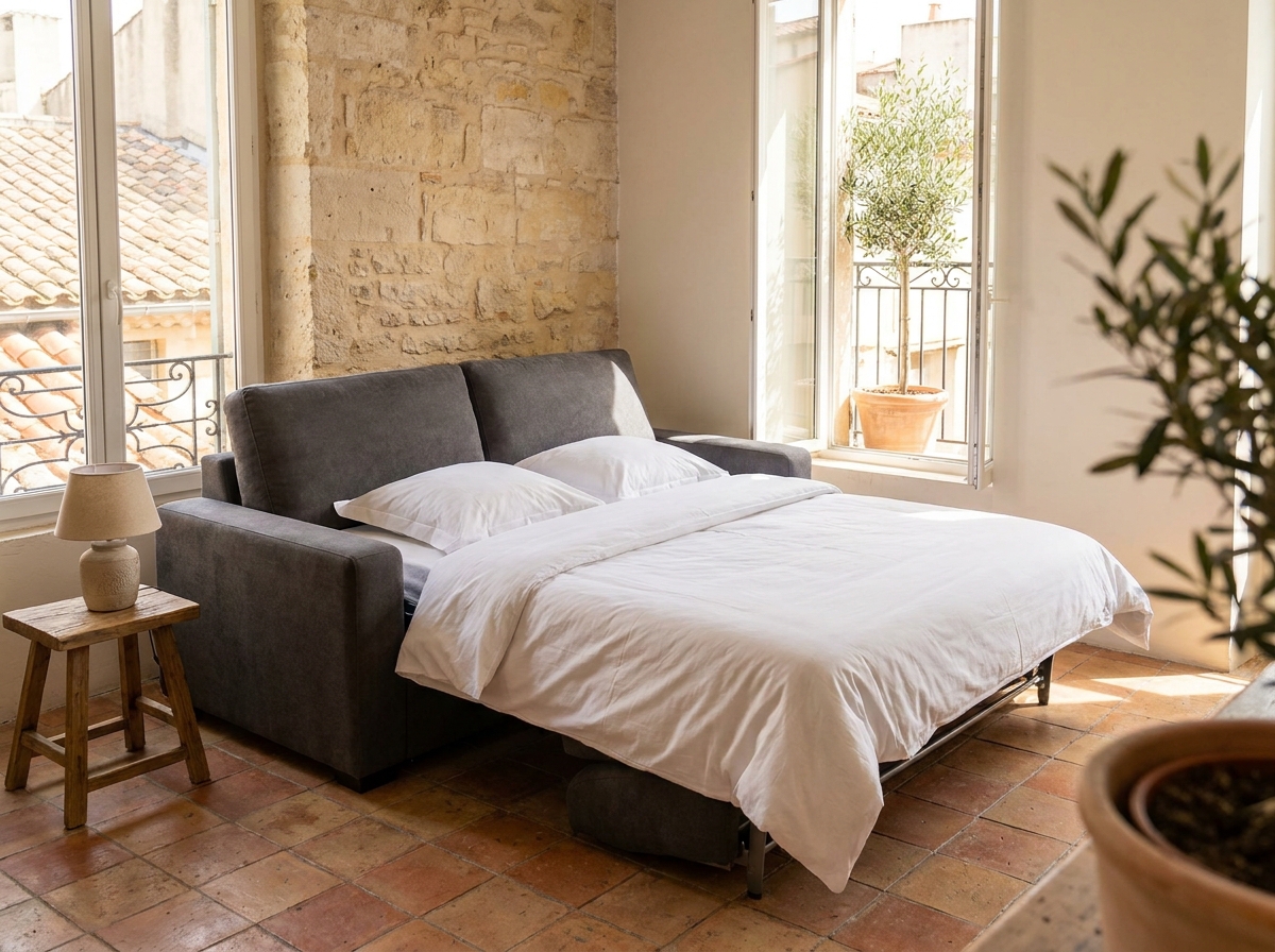 Canapé convertible déplié en lit dans un appartement marseillais avec sol en tomettes et vue sur cour méditerranéenne