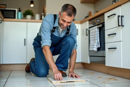 Carreleur en action dans une cuisine moderne