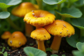 Gros plan sur des chanterelles jaunes dans un jardin lumineux