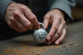 Mains d'un homme manipulant les molettes d'un cadenas à combinaison 3 chiffres en métal argenté sur un établi en bois