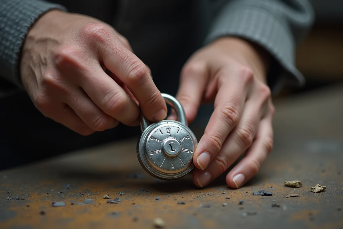 Mains d'un homme manipulant les molettes d'un cadenas à combinaison 3 chiffres en métal argenté sur un établi en bois