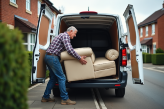 Homme chargeant un vieux canapé dans une camionnette devant une maison