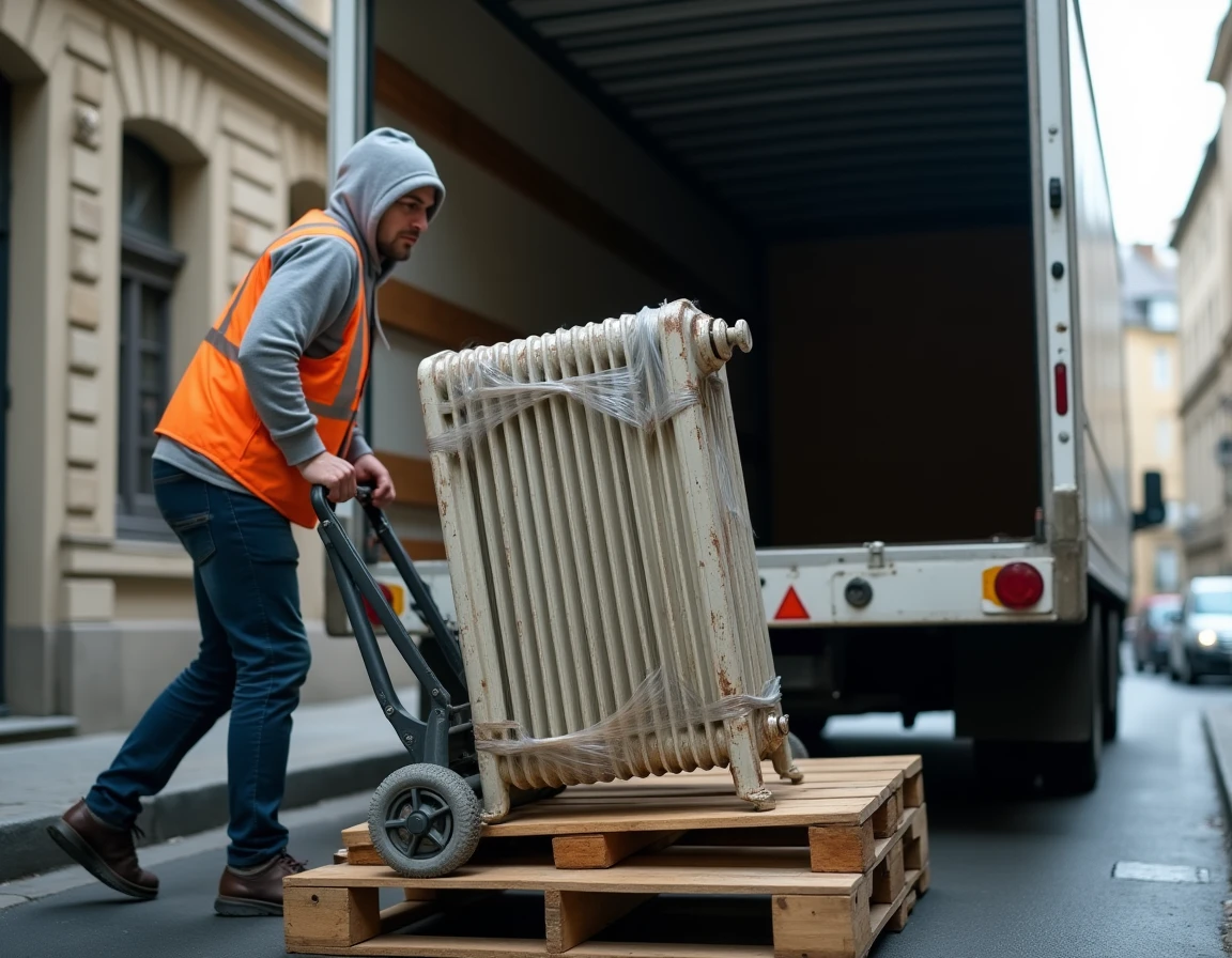 Chargement d'un radiateur en fonte d'occasion dans un camion de déménagement avec protection en mousse et film étirable