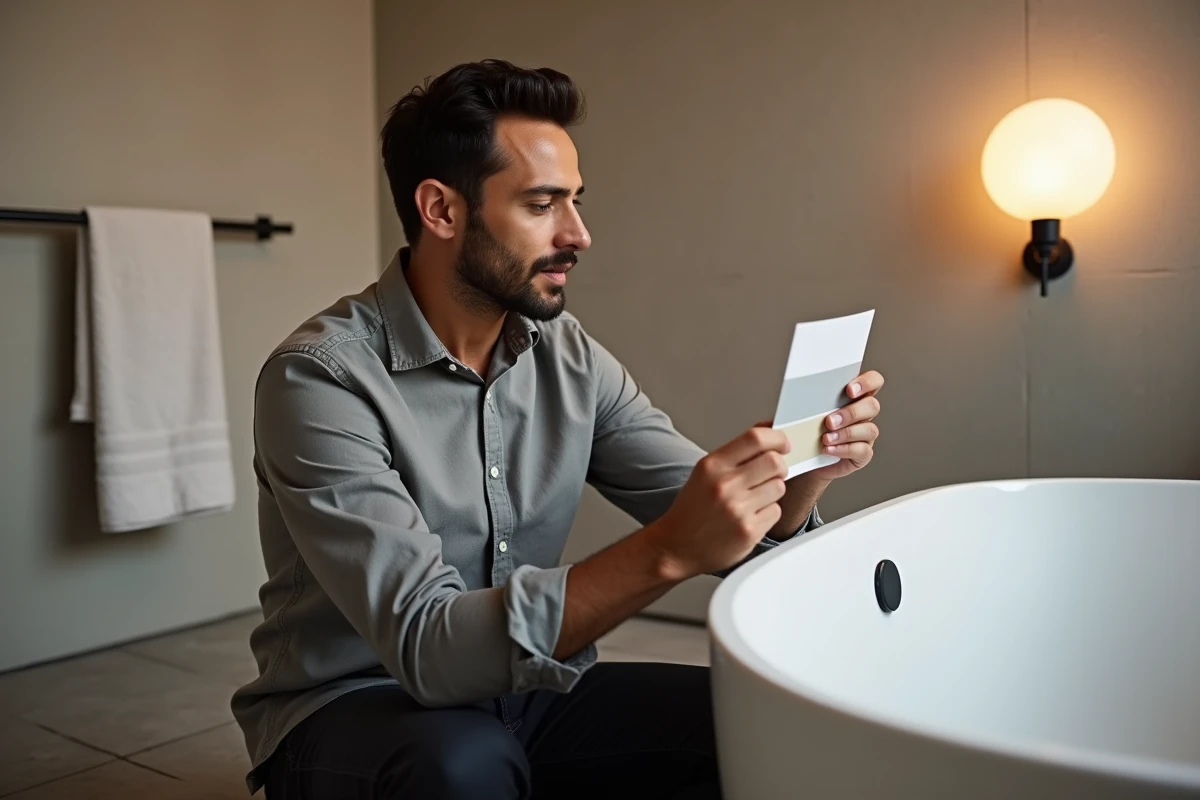 Homme comparant des échantillons de couleur de lumière dans une salle de bains pour choisir la bonne température et éviter un teint terne