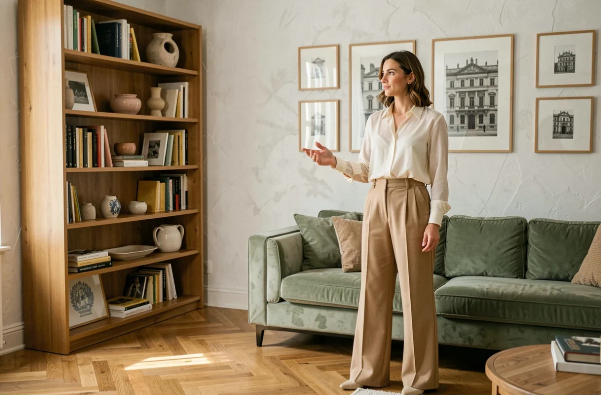 Décoratrice d'intérieur Clémence Weil présentant un salon aménagé avec bibliothèque sur mesure et canapé en velours vert sauge